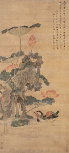 王武 1685年作 荷花鸳鸯 镜片 设色绢本