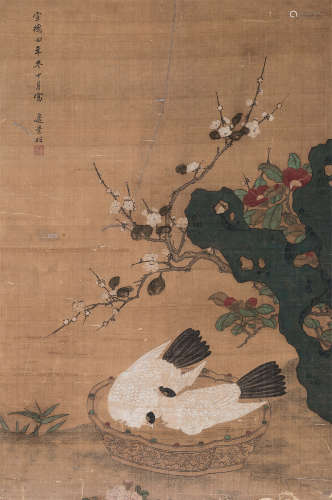 边景昭 1430年作 金盆浴鸽图 镜片 设色绢本