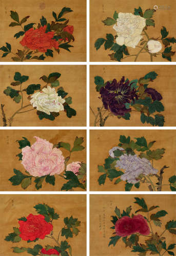 恽寿平 1666年作 众卉争艳 册页 （八页） 设色绢本