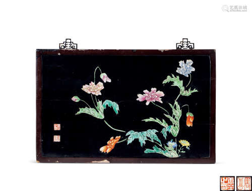 清乾隆 唐英制黑漆嵌粉彩瓷月季花纹瓷板