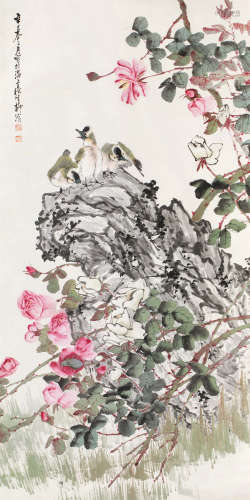 柳滨 1941年作 月季三禽图 立轴 设色纸本