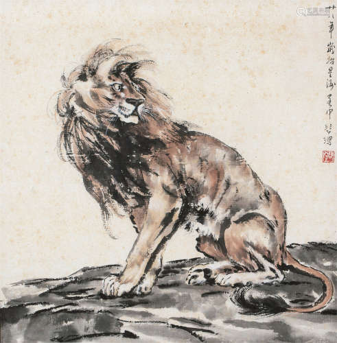 徐悲鸿 1938年作 雄狮 镜片 设色纸本