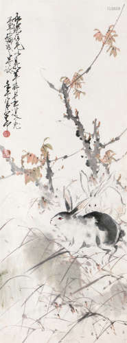 赵少昂黄鼎萍 1942年合作 双兔 立轴 纸本设色