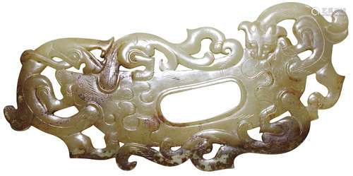 漢 白玉帶沁龍紋雞心珮 Han  Dynasty (206BC–220AD)