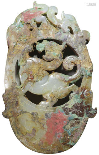 漢 白玉青銅沁雞心珮 Han  Dynasty (206BC–220AD)