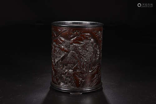 A BAMBOO WOOD BRUSH POT CARVED IN LANDSCAPE FROM YUZHOU