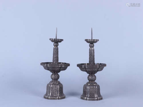 PAIR OF SILVER CANDLE HOLDERS OF FLORAL PATTERN