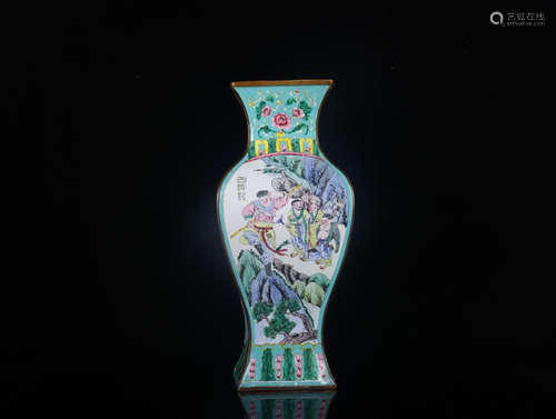 A ENAMELED COPPER VASE WITH STORY PAINTING