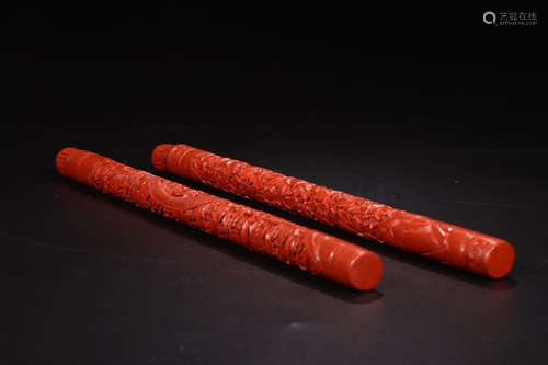 A PAIR OF INCENSE TUBE CARVED IN RED LACQUER WARE