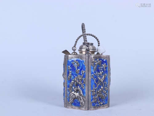 A BLUE-LACQUER SILVER POT