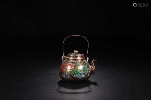 A CLOISONNE TEAPOT CARVED IN BUTTERFLIES & FLOWERS