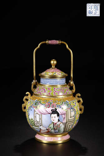 A COPPER ENAMELED POT IN PORTRAITS DESIGN