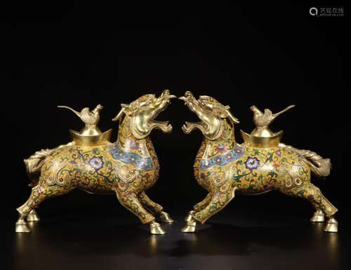 A PAIR OF CLOISONNE QILIN BEAST CENSERS