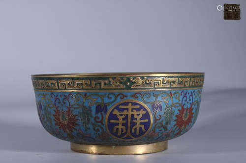 A COPPER ENAMELED BOWL IN BLOSSOMS