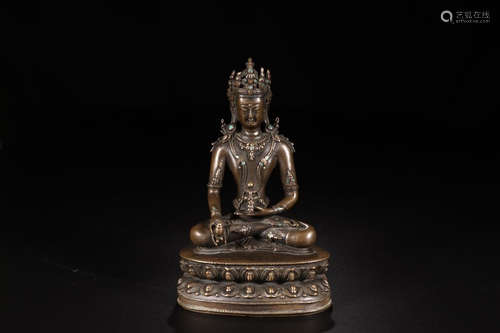 A COPPER INLAID WITH AGATE & TURQUISE BODHISATTVA STATUE