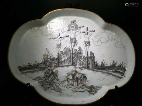 A PORCELAIN PLATE WITH STORY PAINTED