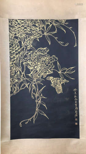 A ZHANGDAQIAN  FLOWER AND BIRD PATTERN OUTLINE IN GOLD PAINTING