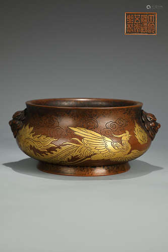 A BRONZE PHOENIX PATTERN LION SHAPED EAR CENSER