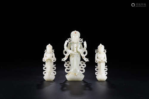 A SET OF HETIAN JADE EMBEDED TREASURE 'SANSHENG' BUDDHA FIGURE