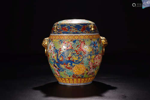 AN ENAMELED OUTLINE IN GOLD PHOENIX AND 'FUSHOU' AND  FAMILLE ROSE FLOWER PATTERN BEAST SHAPED EAARS JAR