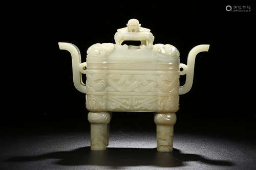 A HETIAN JADE CARVED DRAGON FOUR BEASES CENSER