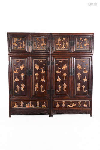 A PAIR OF ZITAN WOOD EMBEDED HUANGYANG WOOD 'BOGU'PATTERN CABINETS