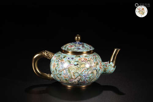 A ENAMELED COPPER TEAPOT IN BUTTERFLIES & BLOSSOMS DESIGN