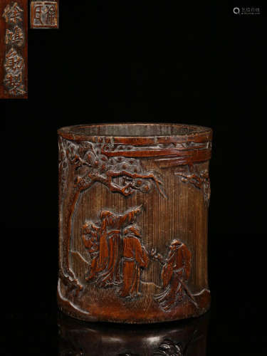 A BAMBOO BRUSH POT WITH MARKING&STORY CARVING