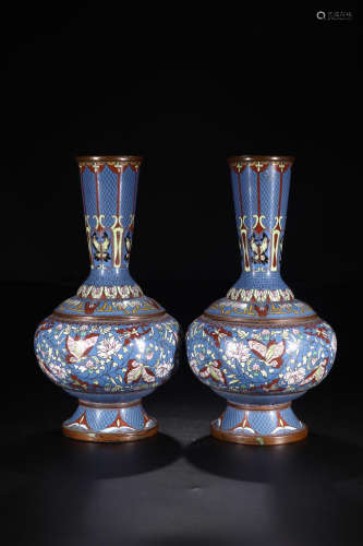 A PAIR OF CLOISONNE VASES IN BUTTERFLIES & BLOSSOMS