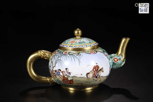 AN ENAMELED COPPER WESTERN STYLE TEAPOT