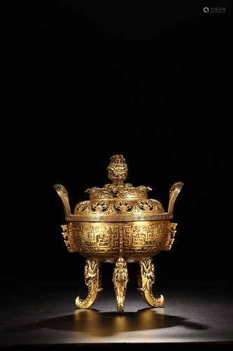 A ZHENGDE MARK GILT BRONZE TRIPOD CENSER