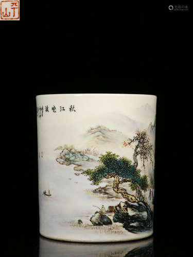 A YETING MARK PORCELAIN BRUSH POT WITH LANDSCAPE PAINTING