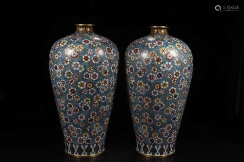 PAIR OF QIANLONG MARK CLOISONNE MEIPING VASES WITH FLORAL PATTERN