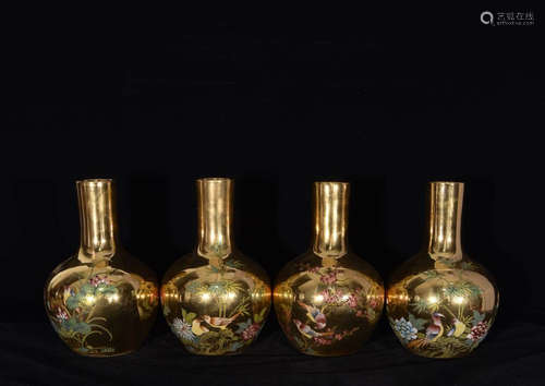 FOUR QIANLONG MARK ENAMELED BOTTLE VASES