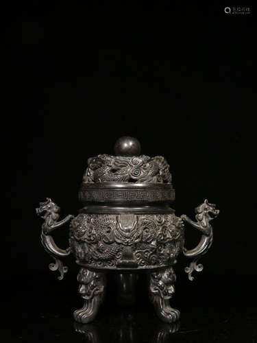 A ZITAN WOOD TRIPOD CENSER WITH DRAGON CARVING