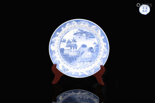 A KANGXI MARK BLUE AND WHITE PLATE WITH TING TAI LOU GE STORY PAINTED