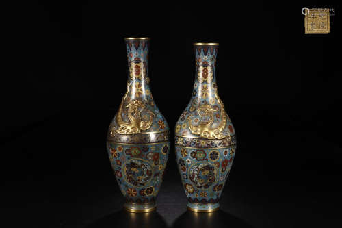 A PAIR OF CLOISONNE VASES IN DRAGON DESIGN