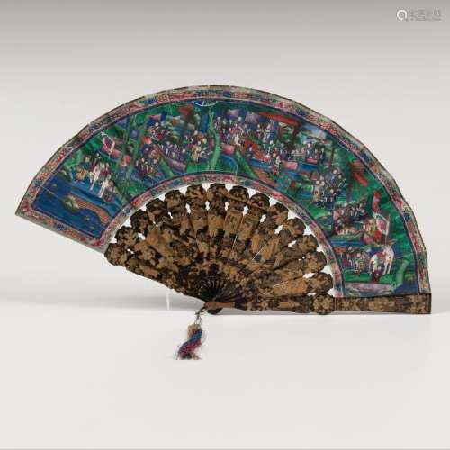 Chinese Painted Fan with Lacquer Box