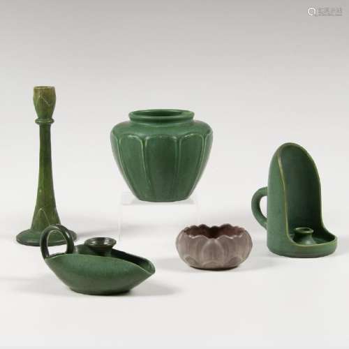 Hampshire Pottery Candleholders, Vase, and Bowl, Plus