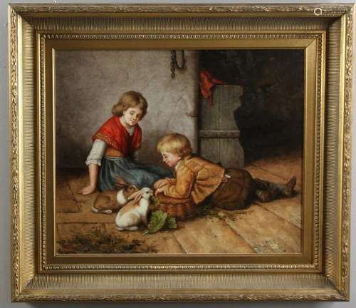 Oil on Canvas of Children with Rabbits