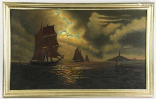 19thC Oil on Canvas, Sailing Ship in Moonlight