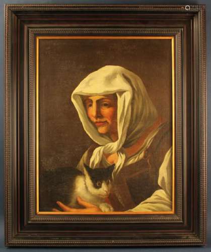 17thC Napoli School Oil on Canvas of Hooded Woman
