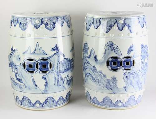 Pair of 20thC Blue and White Porcelain Stools