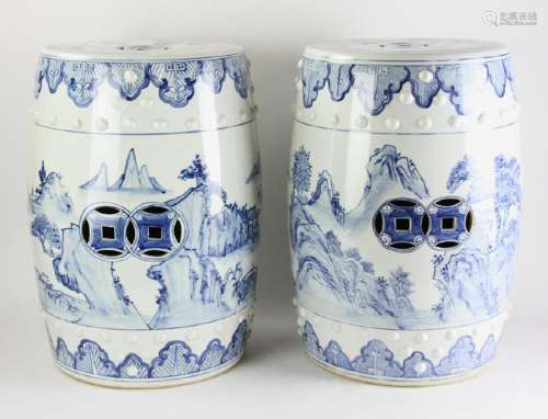 Pair of 20thC Blue and White Porcelain Stools
