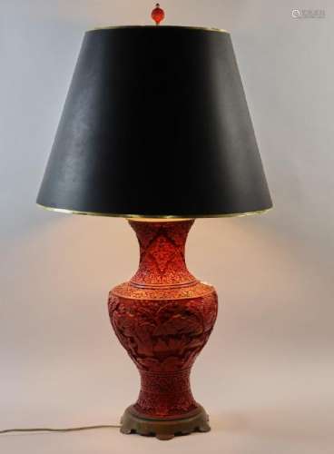 Chinese Carved and Lacquered Wood Table Lamp