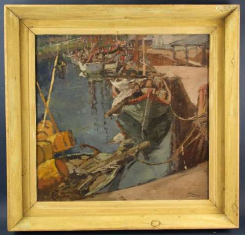 Signed A Thieme, Dock Scene, Oil on Panel