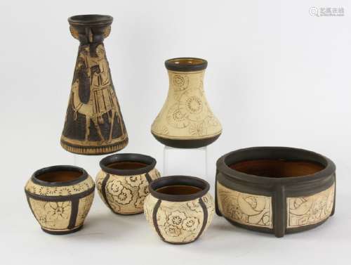 (6) Weller Pottery Claywood Burntwood Pieces