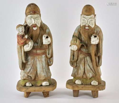 Pair of Carved and Painted Chinese Figures