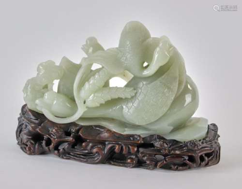 20thC Carved White Jade Duck with Stand