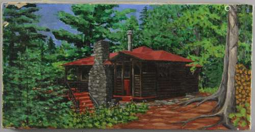 Oil on Canvas Log Cabin View in New York